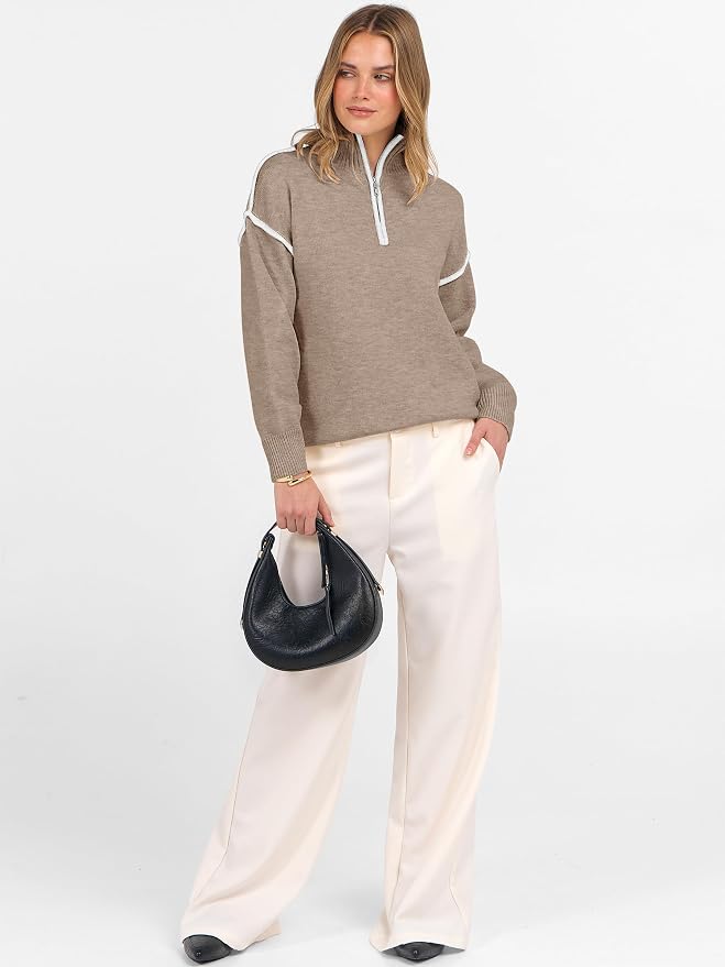 ANRABESS Womens Quarter Zip Sweaters Fall Long Sleeve V Neck Shirts Collared Business Casual Tops Knit Pullover Sweatshirts