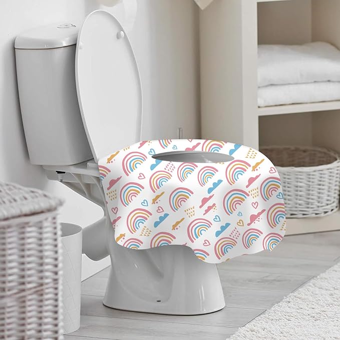 DEEKI 40 Pack Toilet Seat Covers Disposable, Safe No-Slip Waterproof for Kids Toddlers Use in Potty Training Public Restrooms Toilets, Portable Clean Covers for Adults Travel -Rainbow (40 Count)