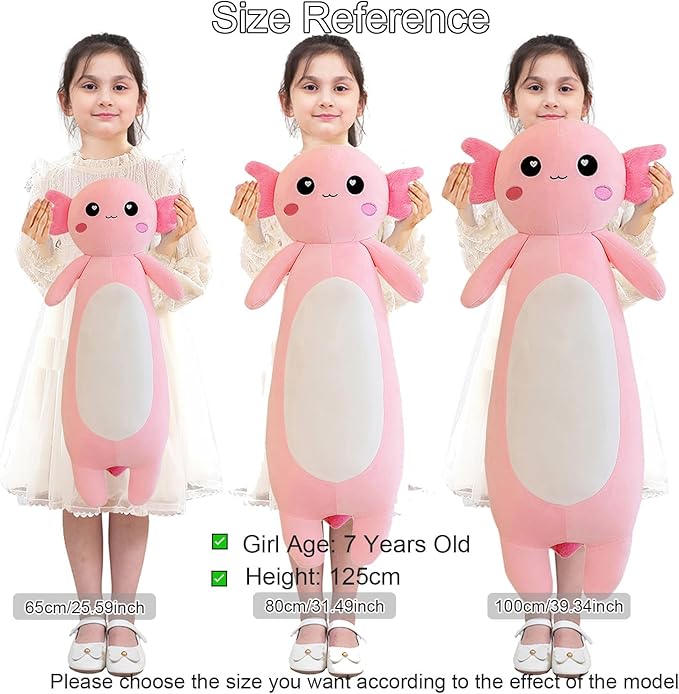 Long Axolotl Plush Pillow, Pink Axolotl Stuffed Animal for Girls and Boys Salamander Plush Toy Gift for Christmas (Pink, 100cm/39.37inch)