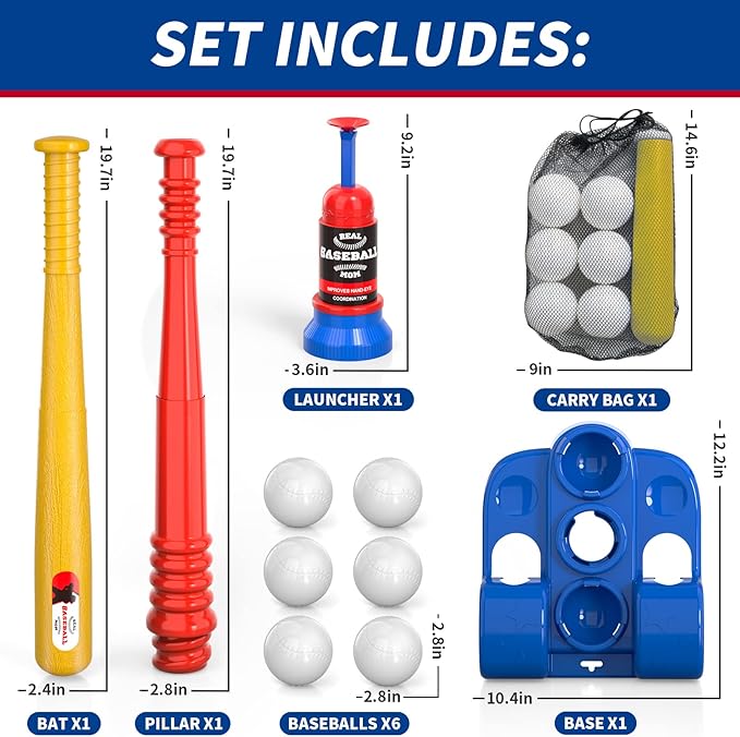 Bennol T Ball Set Toys for Kids 3-5 5-8, Kids Baseball Tee for Boys Toddlers, Auto Ball Launcher, Indoor Outdoor Outside Sports Tee Ball Set Toys Gifts for 3 4 5 6 Year Old Boys Toddler Kids