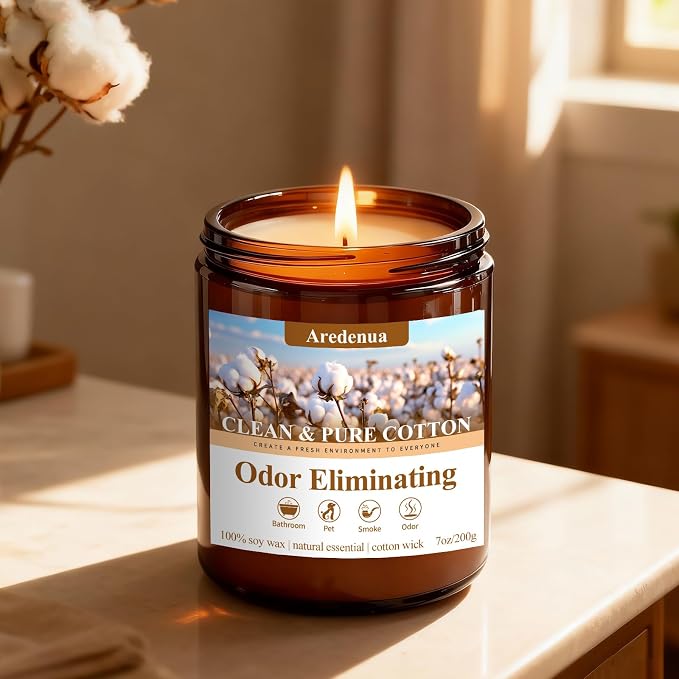 Clean & Pure Cotton Odor Eliminating Candles | Eliminates 95% of Pet, Smoke, Food, and Other Smells – 7 oz Soy Candle for Home Scented - Air Freshing Scented Candles, Up to 50 Hour Burn Time