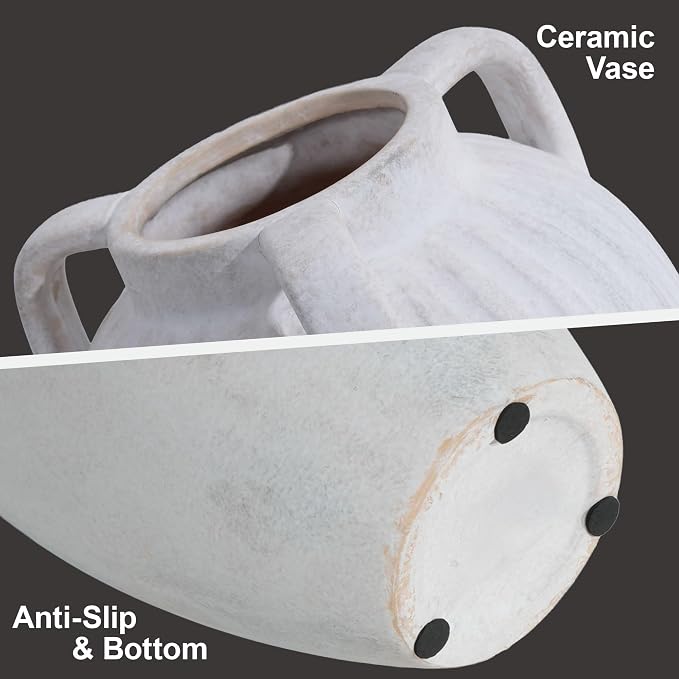 Ceramic Flower Vase with Handles, 8.86 inch Tall Ceramic Vase Home Decor Vintage Terracotta Rustic Vase for Bouquet Pottery Barn Decor Large Vases for Living Room Bathroom Modern Farmhouse, White