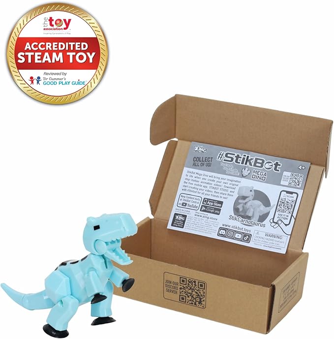 Zing Stikbot MEGA Dino Carnotaurus Single (Ice Blue), 6" Long x 3" Tall StikBot, Create Stop Motion Animation, Age 4+