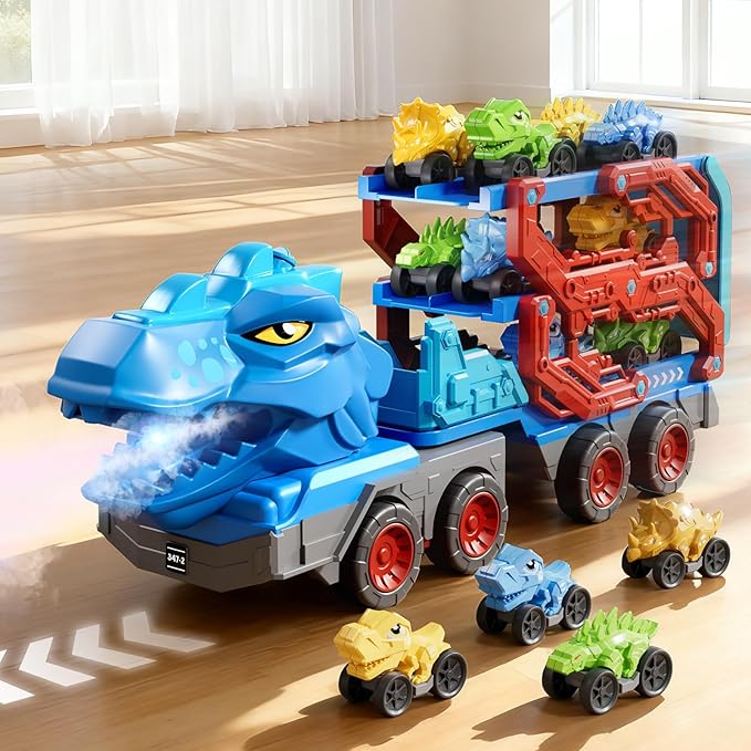 Toddler Car Truck Toys for Kids Ages 3-5, 10-in-1 Dinosaur Carrier Truck with Foldable Track Toys with Spray, Light & Sounds and 9 Dino Cars, Birthday Gift for 3 4 5 6 7 8 Years Old Boys Girls