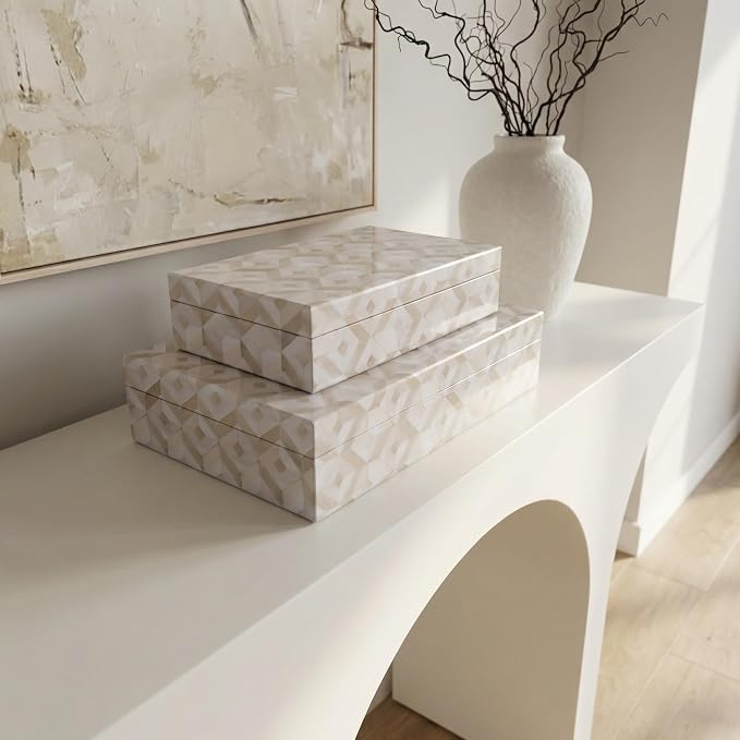 Decorative Storage Boxes with Lids - Set of 2 Organizer Bins for Bookshelf | Beautiful Home Decor - Safely Store Photos, Documents and Memory Box Keepsakes on Your Shelves in Style