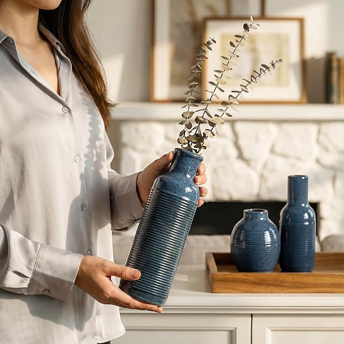 Ceramic Blue Vase Set of 3 - Small Waterproof Vases for Home Décor | blue ceramic vases - Pampas Grass Dried Fresh Flowers - for Centerpiece, Coffee Table, Mantel Entryway, Living Room, Bedroom