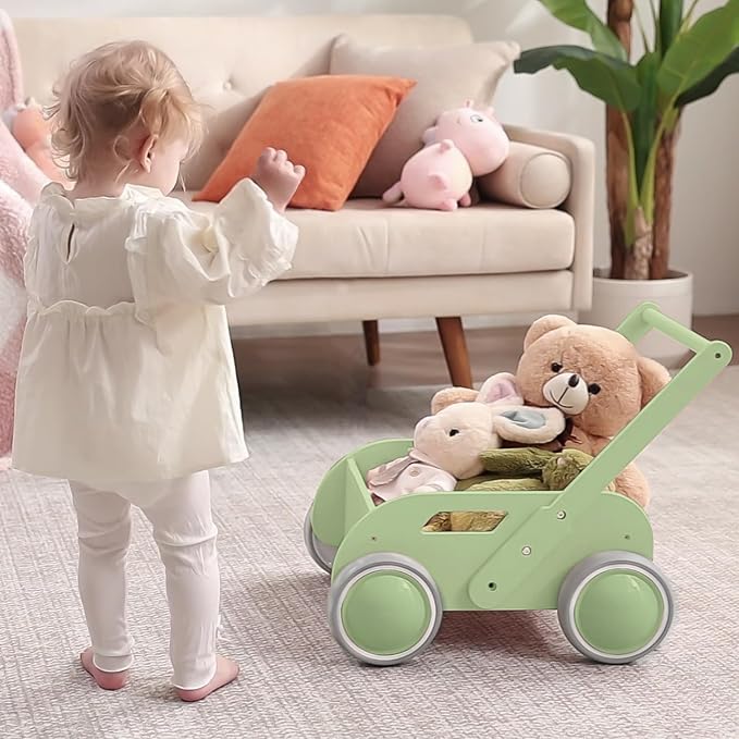 HOMEKOL Wooden Baby Push Walker, Green | Adjustable Height, with Rubber Wheels, for Boys and Girls, Gift for Birthday, Christmas and New Year