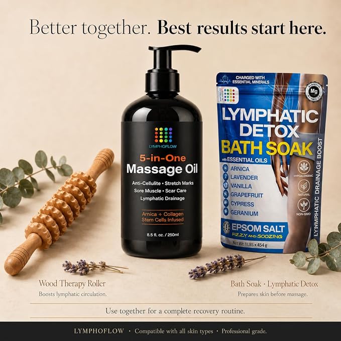 5-in-1 Lymphatic Drainage Massage Oil for Massage Therapy - Helps Smooth The Appearance of Cellulite & Improve Skin Texture- Post Surgery Recovery & Lipo, BBL, Tummy Tuck, Fibrosis Treatment -8.5Oz