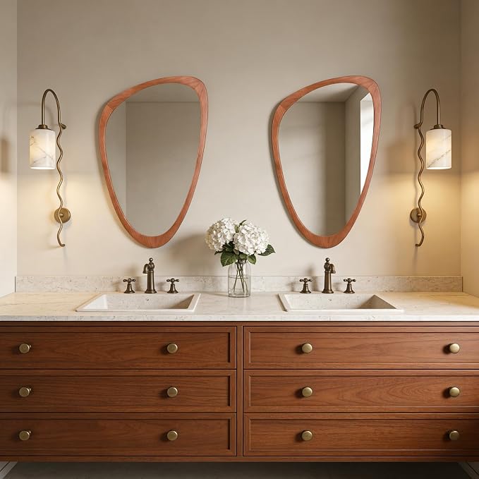 Asymmetrical Mirror, Irregular Wall Mirror, Wall Mirrors Decorative for Bedroom Living Room Entryway Hall, Wood Mirror for mid Century Modern Decor 30" H x 19" W