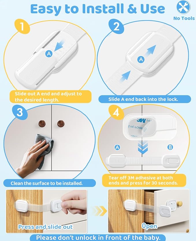 16 Pack Cabinet Locks Baby Proofing, Child Proof Cabinet Locks with 3M Adhesive - Easy Installation with Adjustable Straps, Multi-Purpose Child Safety Latches for Drawers Fridge Trash Cans Toilets