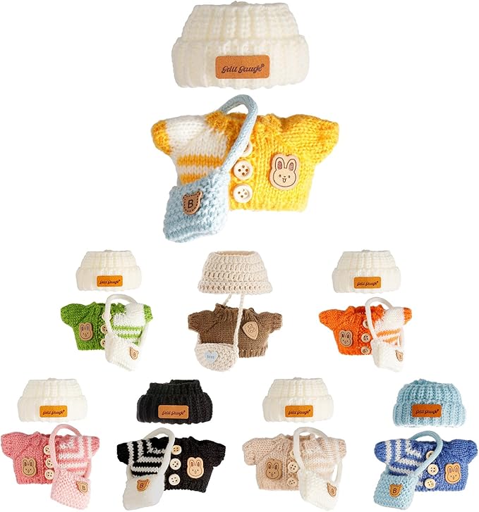 Clothes for Dolls, Clothes Set for Doll, Crochet 3 Piece Set Hat Clothes Backpack for 17cm Dolls, Stylish Adorable Dolls Clothes Accessories (No Doll) (Dark Yellow)