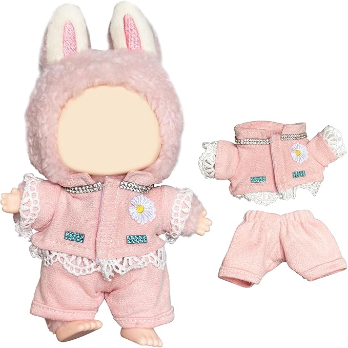Pink Daisy Outfit for Labubu Dolls, Floral Two-Piece Clothes Set with Consecutive Adhere Top for Popmart Dolls, Cute Spring Style Doll Clothes