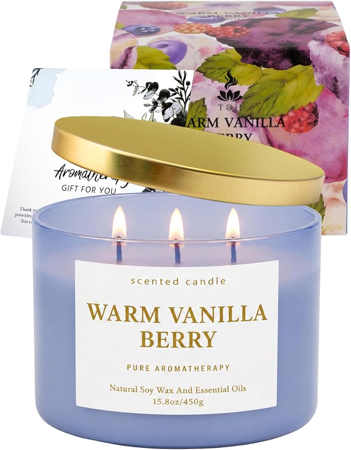 Warm Vanilla Berry 3-Wick Soy Candle, 15.8 oz Scented Candle for Home | Strawberry, Raspberry & Spice, Aromatherapy Relaxing, Highly Scented, Clean Burn, Summer & Fall Candle, Gift for Women & Men