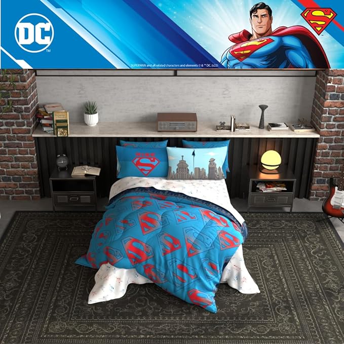 Superman DC Comics Kids Bedding Super Soft & Cozy Reverisble Microfiber Comforter and Sheet Set with Sham, 7 Piece Full Size, (Officially Licensed Product) By Franco