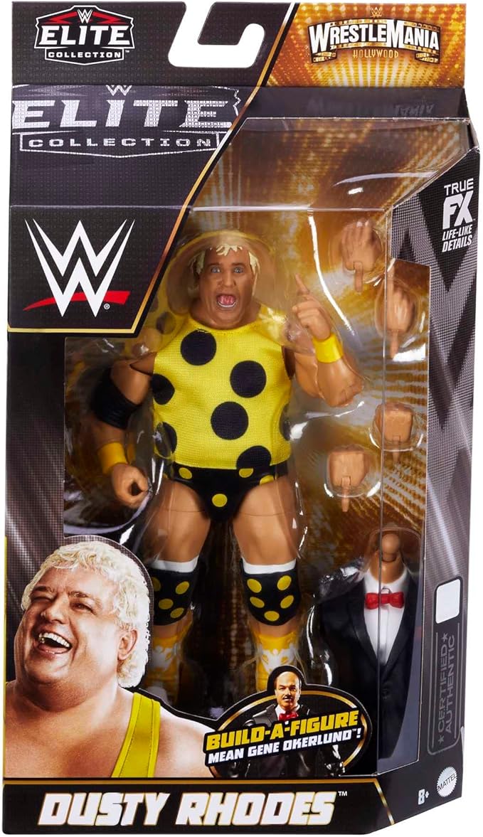 Mattel WWE Dusty Rhodes WrestleMania Elite Collection Action Figure with Accessory & "Mean" Gene Okerlund Build-A-Figure Parts, 6-inch