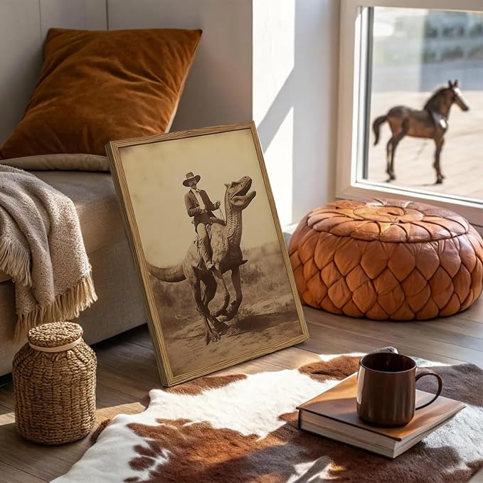 Vintage Dinosaur Cowboy Wall Art Funny Western Jurassic Park Wall Decor Painting, Retro Cowboy Riding Dinosaur Poster Canvas Print Picture for Living Room Bedroom 16x24 inch Wood Framed
