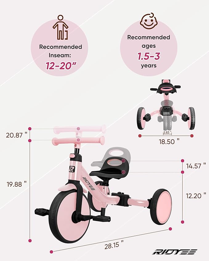 4-in-1 Toddler Tricycle for Ages 18 Months to 3 Years, Tool-Free Mode Switch, Tricycle for Toddlers 1.5-3 with One-Click Height Adjustment, Kids Trike and Balance Bike for 2 Years, Pink