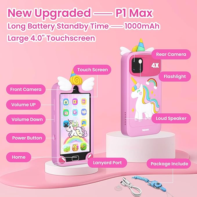 Kids Smart Phone for Girls, 4.0" Touchscreen Dual Camera Cell Phone, Toddler Preschool Learning Educational Toys Birthday Gifts for Age 3 4 5 6 Year Old, Music Player, Puzzle Games, 32GB(Pink)