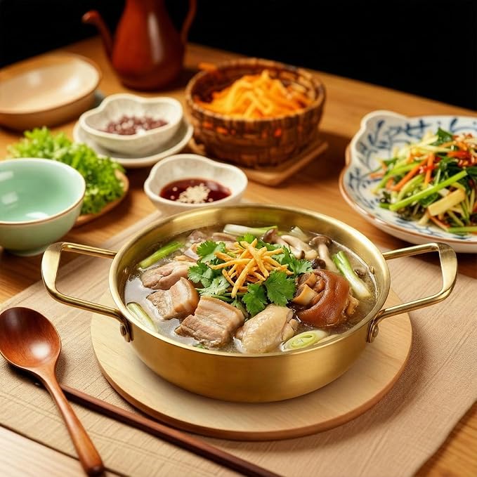 Okllen Set of 3 Korean Ramen Noodle Pot with Handles, Stainless Steel Everyday Pan, Golden Korean Cooking Pot for Soup, Noodle, Pasta, Home and Outdoor, Dishwasher Safe, Size 7", 8.7", 9.5"