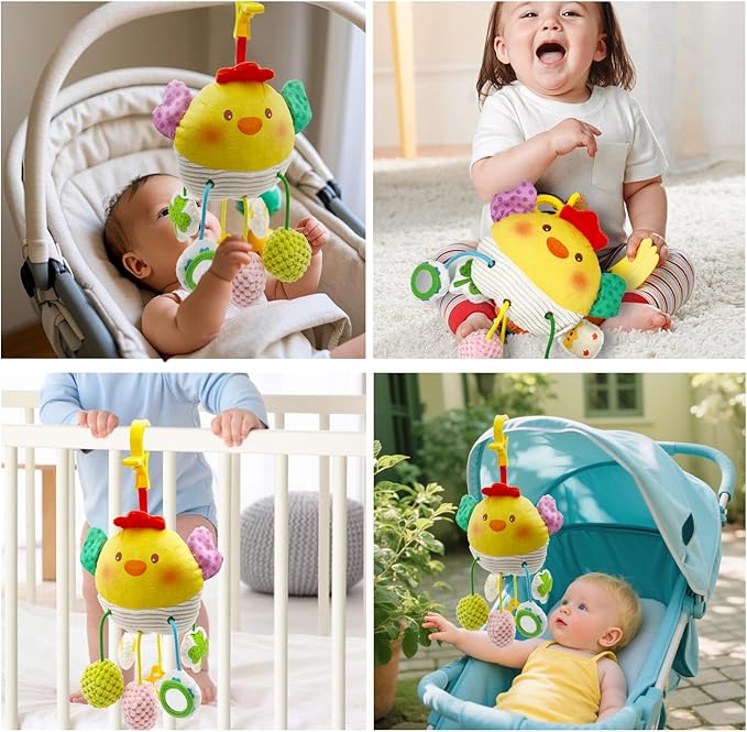 Baby Hanging Toys, Plush Animal Stuffed Sensory Toys for Carseat Stroller Car Seat Crib Play Gym, Baby Toys for 0 3 6 9 12 Months, Baby Boys and Girls Gift (Chick)