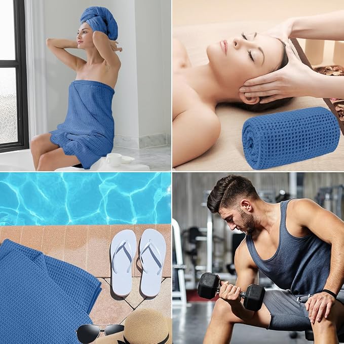 HOMEXCEL Waffle Bath Towels 4 Pack, Premium Microfiber Beach Towels, Ultra Soft, Lightweight, Highly Absorbent Quick Dry Towel for Bathroom, Beach, Pool, Gym, Shower, Hotel and Spa, 30 x 60 Inch Blue