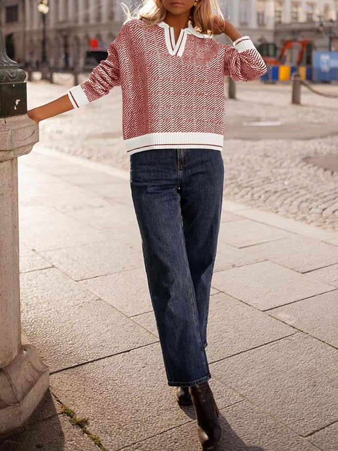 Saodimallsu Womens Fall Sweaters Tops Lapel V Neck Knit Color Block Shirt | Winter,Long Sleeve,Casual,Soft,Pullover,Cozy,Ribbed,Ladies,Chunky,Warm Sweaters,Checkered,Tunic,Work