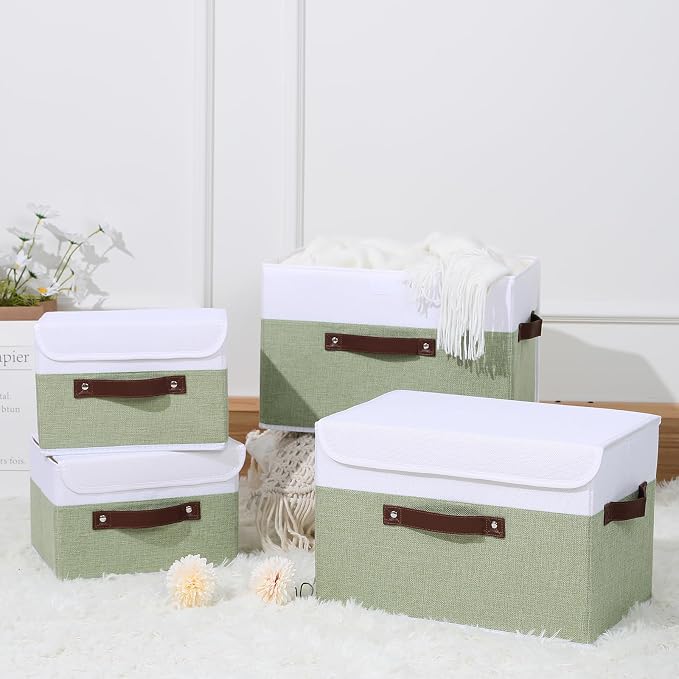 ANMINY Fabric Storage Box Bins with Lids, Green White, 15"x10"x10", 2 Pack | Keepsake Memory Storage, Cotton Linen, PP Board Reinforced, Washable, PU Handles, Foldable & Stackable, Decorative, Large