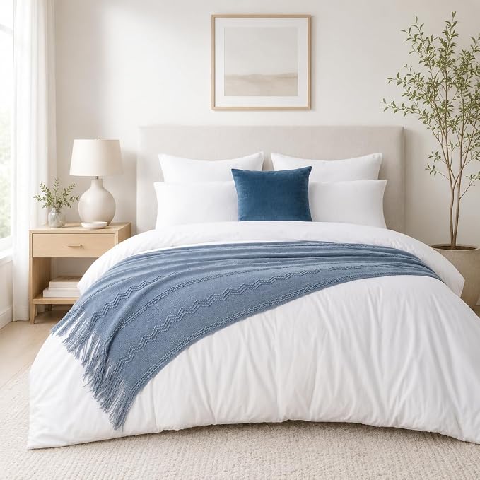 BATTILO HOME Light Blue Throw Blanket for Couch, 50"x60" | Soft Knit Throws with Tassels for Home Decor, Blue Grey Throw Blanket for Bed Sofa