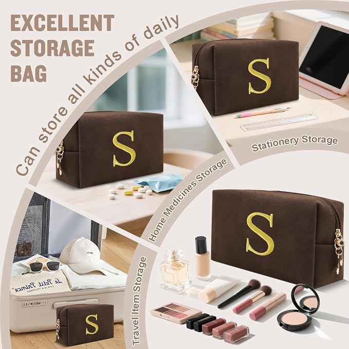 Personalized Initial Makeup Bag,Preppy Suede Cosmetic Bag for Teen Girls,Small Monogram Travel Toiletry Bag With Gold Embroidered Letter,Trendy Stuff Custom Christmas Gift for Women(Coffee-S)