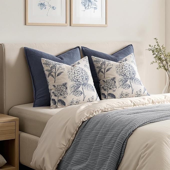 Set of 2 Decorative Floral Pillow Covers 18x18 Inch Light Blue | Neutral Hydrangea Print, Boho Vintage Throw Cushion Covers, Cottagecore Home Decor, for Sofa Couch Porch Bedroom Living Room