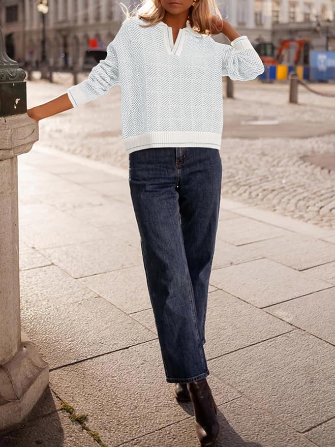 Saodimallsu Womens Fall Sweaters Tops Lapel V Neck Knit Color Block Shirt | Winter,Long Sleeve,Casual,Soft,Pullover,Cozy,Ribbed,Ladies,Chunky,Warm Sweaters,Checkered,Tunic,Work