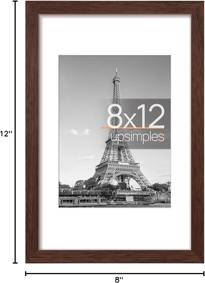 upsimples 8x12 Picture Frame, Display Pictures 6x8 with Mat or 8 x 12 Without, Wall Hanging Photo Frames, Brown, 1 Pack