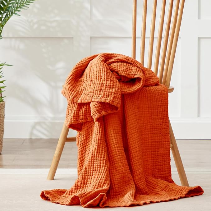 100% Cotton Muslin Blanket California King 120" x 90", 6 Layers Breathable and Lightweight Oversized Blankets for Bed, Soft Cooling Gauze Blanket for Adults All Season, Burnt Orange