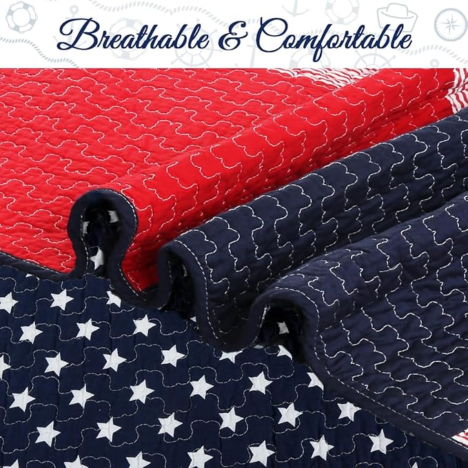 Cozy Line Home Fashions 100% Cotton Sailor Navy Blue Star Striped Print Cotton Reversible Bedding Quilt Set (Patriotic Patchwork, Twin)