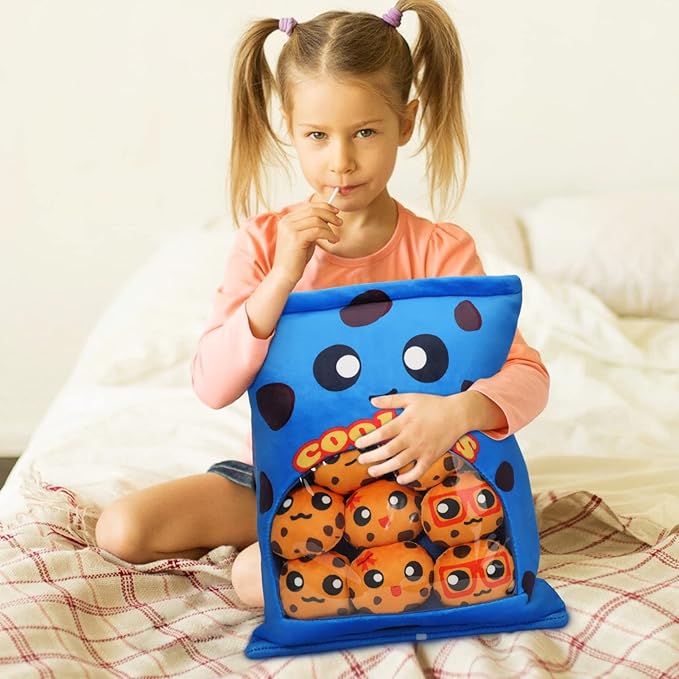 Cookies Plush Pillow Throw Pillow, Yummy Food Pillow Bag of Cookies Plushies, Cute Stuffed Plush Toys Food Stuffed Animal, Plush Gift for Kids, Birthday, Baby Shower (8 pcs, Blue)