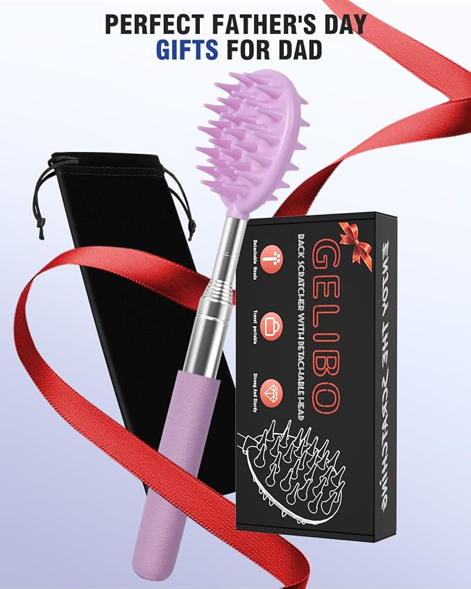 Gelibo Telescoping Back Scratcher with 5Pcs Detachable Heads, Extendable Back Massager Tool, Fathers Day Dad Gifts from Wife Daughter Son, Mens Gifts, Husband with Beautiful Box - Purple