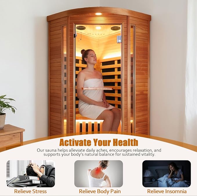 Corner Sauna Far Infrared Sauna 1 Person Home Saunas Indoor Wood Spa Room 1300W 120V with Red Light Bluetooth Speakers 37.4" x 37.4" x 70.9"