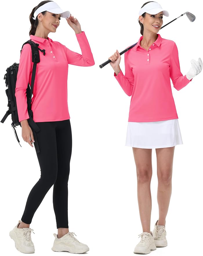 MAGCOMSEN Long Sleeve Polo Shirts for Women Golf Tops with Collar Work | UPF 50+ Sun Protection, 4 Buttons, Moisture Wicking, Breathable, 4-Way Stretch, Collared, Quick Dry, Active, Casual, Tennis