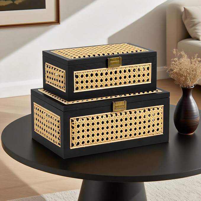 Rattan Storage Boxes Decorative Handmade Natural Wood Baskets | with Lid & Wooden Frame, Boho Rustic Wicker Stacking Woven Cane Bins, Shelf Closet Desk Organizer Container, Black, Large