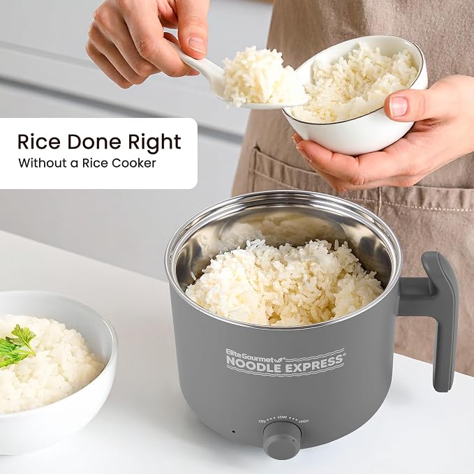 Elite Gourmet Noodle Express Electric Hot Pot, Stainless Steel, Grey | Prepares ramen, rice, soups & stews, boils water fast - glass lid - High/Low/Off settings