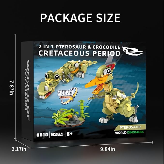 2 in 1 Pterosauria&Crocodile Dinosaur World Park Building Set,Dino Blocks Toys Sets for Boys,Age 6+ Year Old