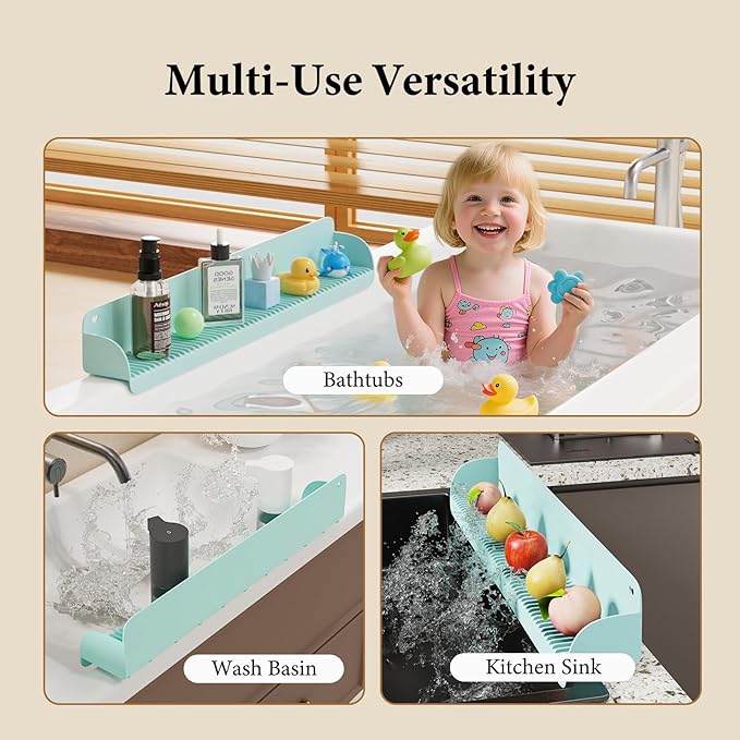 Bathtub Splash Guard, Silicone Toy Tray Holder Storage with 10 Strong Suction Cups, Bathtub Accessories Prevent Water Spills, Countertop Protectors for Tub, Bathroom Sink, Kitchen Sink 1 Pcs Green