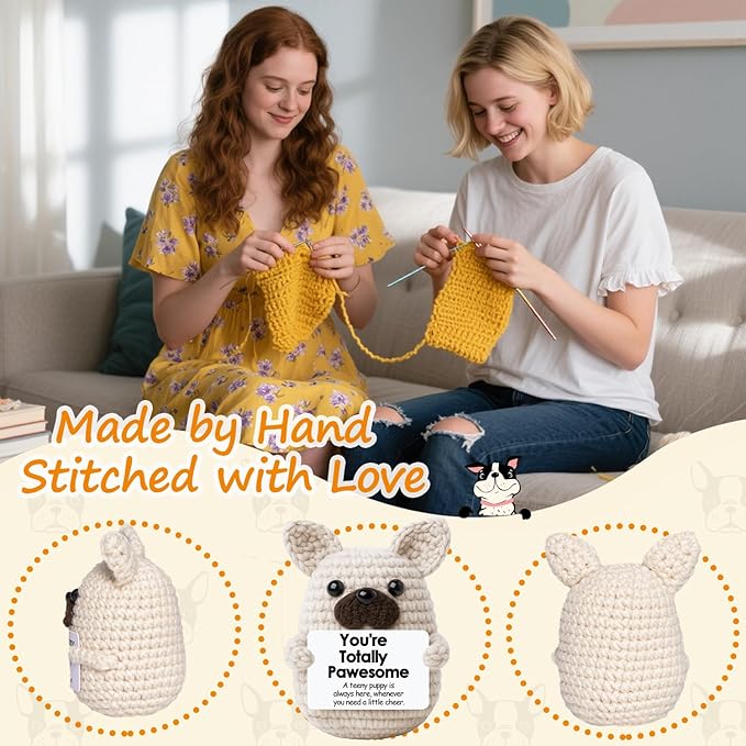 Positive Crochet Animal Dog Gifts for Women Men,Funny Emotional Support Crochet French Bulldog Cheer Up for Dog Lover Coworker Friend,Handmade Cute Frenchie Desk Decor with Gift Box