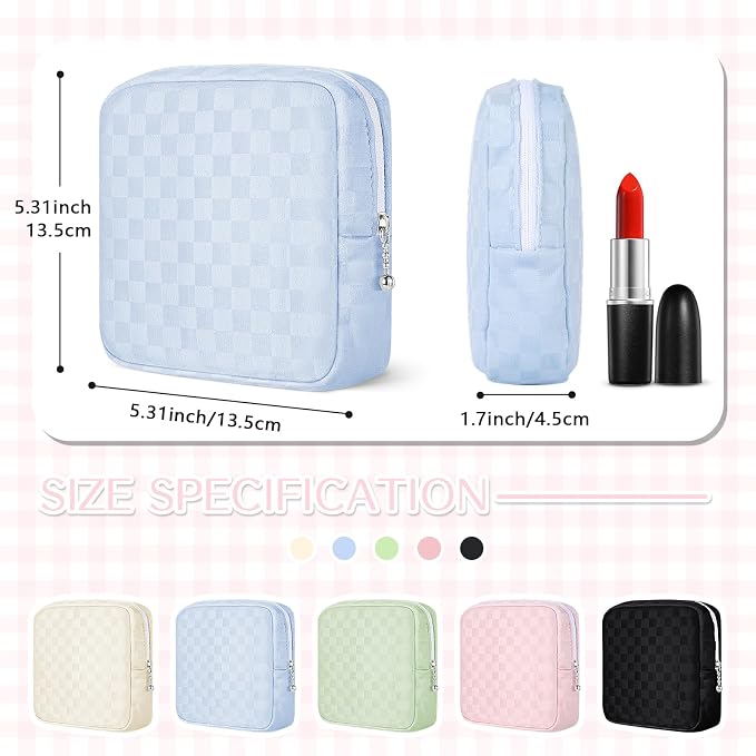 Likesing Tampon Holder for Purse, Upgraded 5.3" Checkered Period Bag, Sanitary Napkin Storage Bag with Wrist Strap for Girls Women, Thickened Portable Period Pad Pouch(Blue)