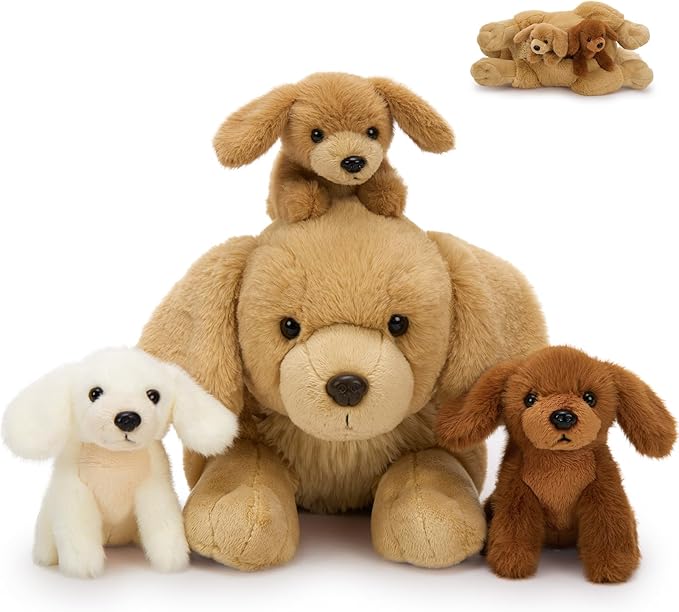 MaoGoLan 4pcs Golden Retriever Stuffed Animal with Babies Inside - 18" Mommy Dog Stuffed Animal with 3 Puppy Plushies, Soft Cute Stuffed Dog Plush Toys for Kids Girls Boys Gift