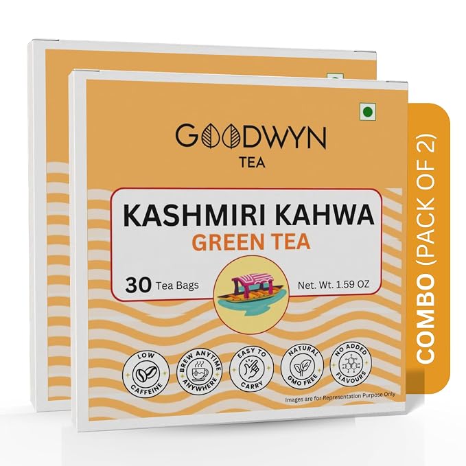 Goodwyn Kashmiri Kahwa Green Tea, 60 Tea Bags | Saffron, Almonds & Spices | Natural Low Caffeine Blend | Plastic Free Bags