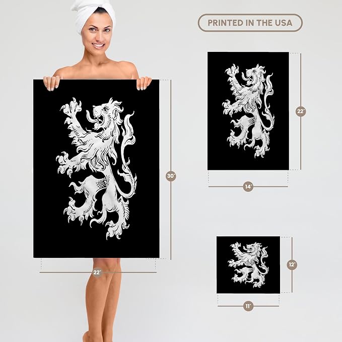 3dRose Cool Vintage Heraldic Royal Lion in White on Black 15x22 Hand Towel