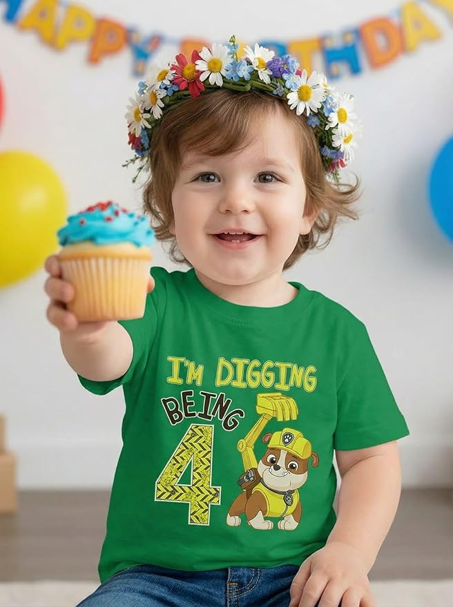 Paw Patrol Rubble Digging Being 4 T-Shirt for Toddler Boys - 4th Birthday Outfit with Construction Bulldozer Theme