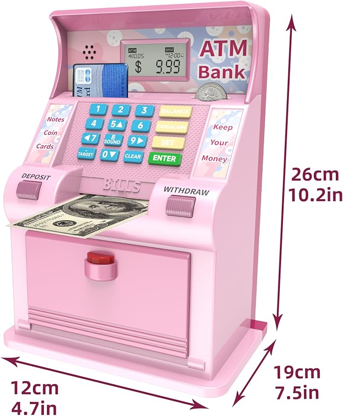 ATM Piggy Bank for Kids,ATM Bank Cash Coin Saving for Real Money with Debit Card,Coin Recognition, Balance Calculator, Electronic Savings Safe Box,Gift for Ages 6-13 Piggy Bank (Pink)