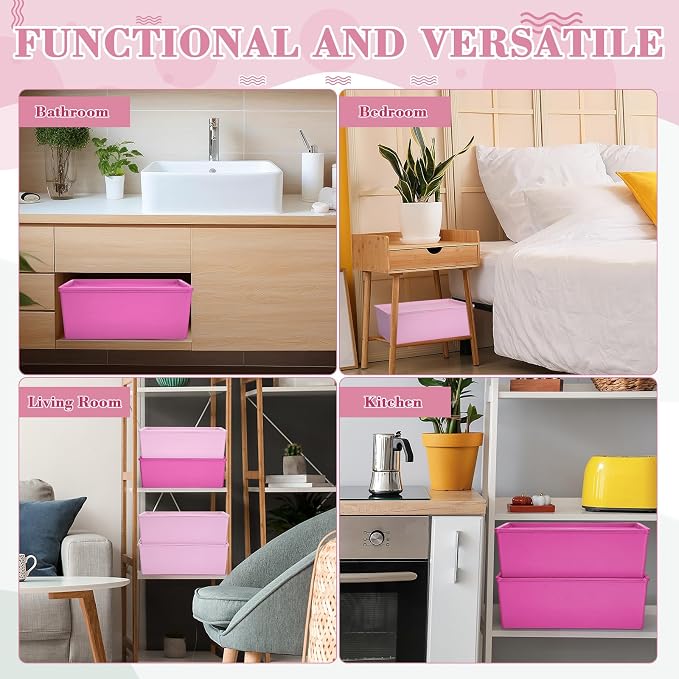 4 Pcs Storage Bins with Lids Plastic Stackable Containers for Classroom Room Organizing Shelves Christmas Ornament Box Baskets(Dark Pink, Light Pink,Large)